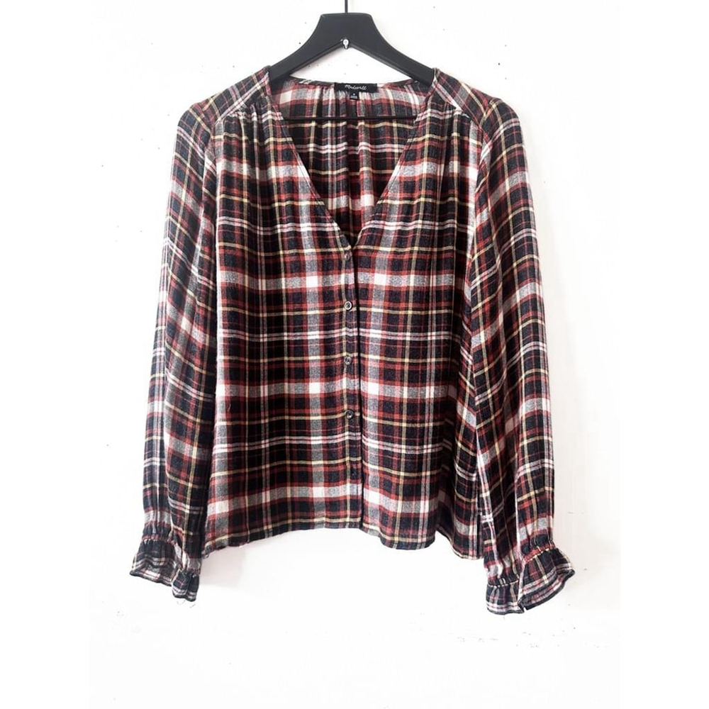 Madewell Ruffle Cuff Plaid Button Blouse Brown Rust Black Size M - Picture 1 of 9